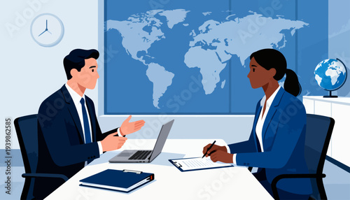 Business professionals discuss global matters at a conference table. Man gestures while speaking with a confident tone. Woman listens attentively, poised and professional