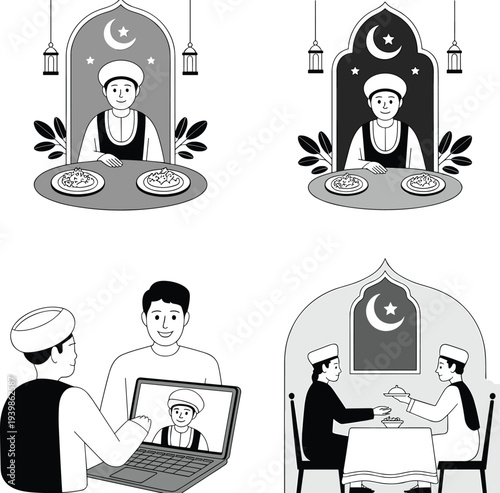 Muslim family Ramadan illustration showing iftar meal, prayer, online connection and sharing food, Islamic tradition, fasting month spirituality and togetherness concept