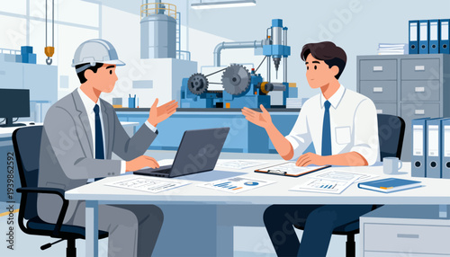 Two professionals discuss engineering plans at a desk. One gestures toward blueprints, the other responds with enthusiasm. They sit near industrial machinery and office equipment