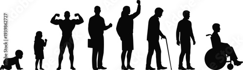 Diverse silhouettes of people including baby child bodybuilder professional elderly man with cane and person in wheelchair on white background.