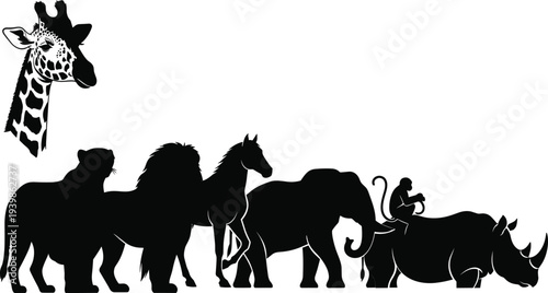 Black silhouettes of wild animals including giraffe lion elephant rhinoceros horse and monkey on white background, set of safari wildlife collection,