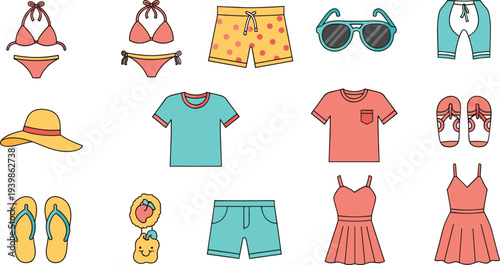 Casual summer clothing and accessories collection including bikinis, swim trunks, t-shirts, dresses, shorts, sandals, flip-flops, sun hat, and sunglasses — perfect for warm weather fashion themes