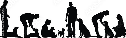 Black silhouettes of people playing and training with dogs on white background, group of pet owners with domestic canine animals,