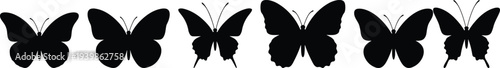 Set of black butterfly silhouettes with different wing shapes and antenna styles isolated on white background for nature design and decoration