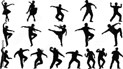 Collection of eighteen dynamic dance silhouettes in expressive poses highlighting rhythm, creativity, and diverse styles — perfect for themes of music, performance, and celebration
