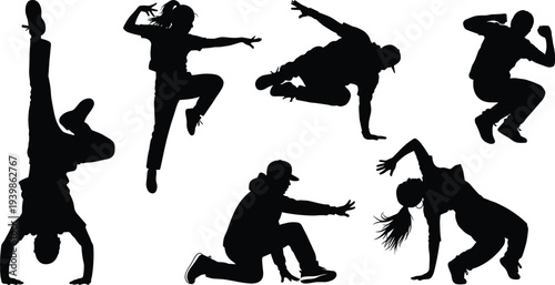 Collection of six dynamic dance silhouettes in energetic breakdance and hip-hop poses — perfect for themes of street culture, rhythm, and performance art