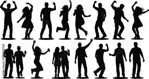 Collection of sixteen expressive dance silhouettes in dynamic poses showcasing rhythm, joy, and creativity — perfect for themes of music, art, and celebration