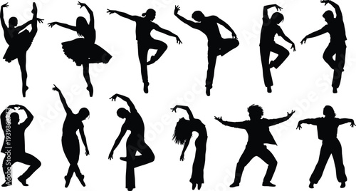Collection of twelve expressive dance silhouettes in ballet and contemporary poses — perfect for themes of rhythm, performance, creativity, and artistic human movement