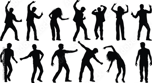 Collection of twelve dynamic dance silhouettes in expressive poses — perfect for illustrating rhythm, performance, creativity, and artistic human movement across diverse dance styles
