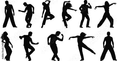 Collection of twelve expressive dance silhouettes in dynamic poses — perfect for illustrating rhythm, creativity, performance, and artistic human movement across diverse dance styles