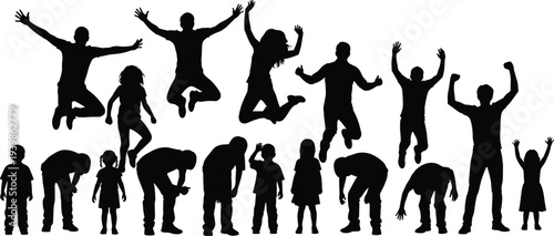 Black silhouettes of happy people jumping and celebrating together, group of adults and children in active poses on white background,