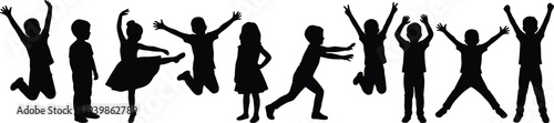 Black silhouettes of happy children jumping playing and dancing together on white background, group of kids celebrating summer fun joy,