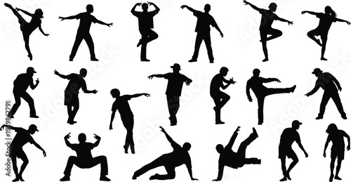 Collection of twenty dynamic dance silhouettes in ballet, hip-hop, breakdance, and contemporary poses — perfect for themes of rhythm, performance, and artistic expression