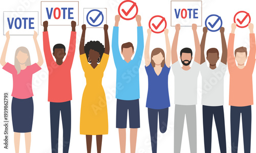 Diverse Group of People Holding Vote Signs and Check Mark Icons for Election Campaign Democracy and Civic Participation Vector