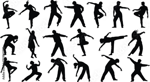 Collection of twenty expressive dance silhouettes in diverse poses showcasing rhythm, elegance, and energy — perfect for themes of performance, art, and celebration