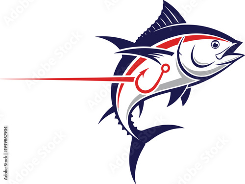 Modern Tuna Fishing Logo Design Featuring Jumping Fish with Hook Element for Seafood Restaurant and Sport Fishing Charters