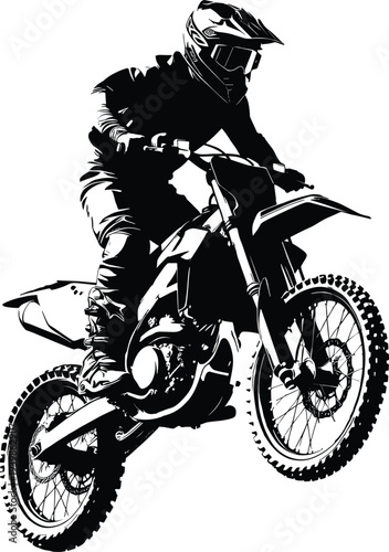 Motocross rider performing jump on dirt bike silhouette isolated on white background, extreme off road motorcycle racing action sport illustration for design