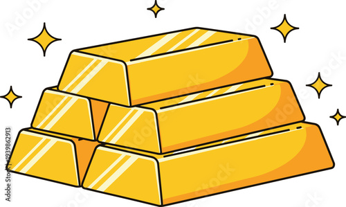 Stack of golden bars vector illustration with sparkling stars in a clean flat line art style for finance