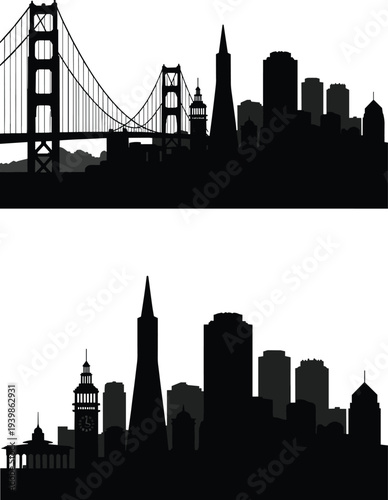 San Francisco skyline silhouette with Golden Gate Bridge and modern downtown skyscrapers isolated on white background, iconic California cityscape landmark vector illustration for travel design