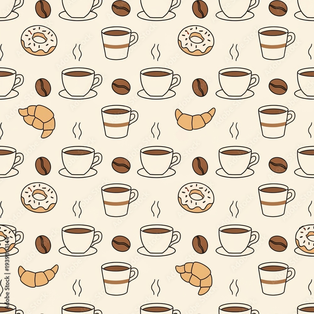 Obraz premium Coffee Break Repeat Pattern Featuring Fresh Baked Goods and Energizing Hot Drinks for Breakfast