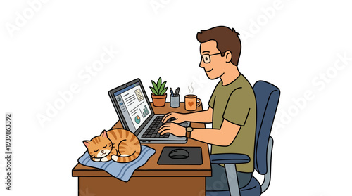 Home office flat illustration: Man working with his cat.