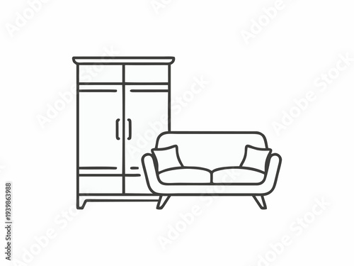 Living Room Furniture Set Icon with Wardrobe and Sofa Line Art