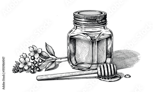 Honey jar with wooden dipper and spring flower branch vector hand drawn engraving