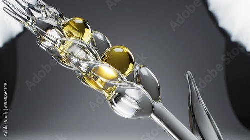 High Value Agricultural Assets Concept Rotating Clear Glass Wheat Stalk with Golden Oil Drop