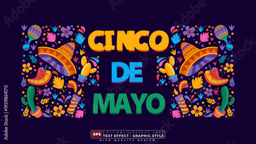 Editable 3d text effect cinco de mayo with decorative background for festival banner template
