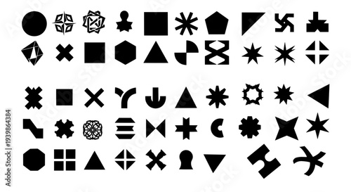 49 silhouettes of geometric figures and icons. Brutal modern design in black. Vector set of primitive elements.