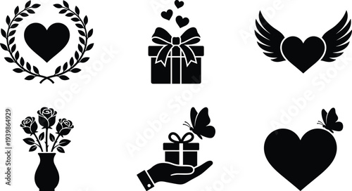 Set of black delivery box icons featuring open cardboard packages, shipping containers, geometric patterned cubes, and storage boxes for logistics, transport, and commercial branding