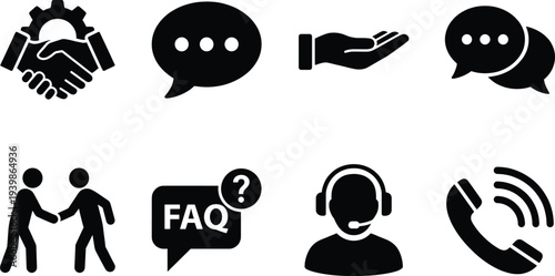 Set of black business and customer support icons featuring handshakes with gears, speech bubbles, FAQ help, call center operator, and telephone for professional communication branding.