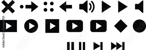 Set of black multimedia and navigation icons featuring play buttons, pause symbols, volume controls, arrows, next track, and video player elements for interface design