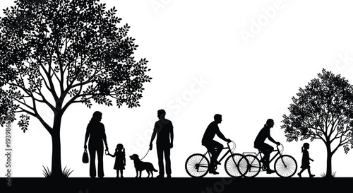 Family silhouette scene in park with parents, children, dog walking and cycling, trees and nature background, symbolizing outdoor lifestyle, recreation, togetherness, and healthy living