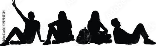Group of young people silhouettes sitting together with backpack, isolated on white background, representing friendship, youth lifestyle, travel, relaxation, and social connection concepts