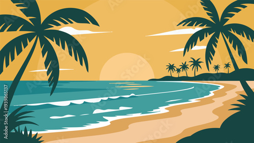 Tropical beach sunset vector illustration with palm trees, ocean waves, and sandy shore, ideal for summer vacation backgrounds, travel brochures, or website banners.