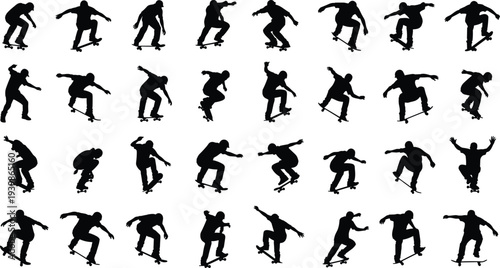 Skateboarder silhouette sequence performing tricks and jumps, isolated on white background, showcasing skateboarding action, urban sport culture, motion, balance, and extreme lifestyle concepts