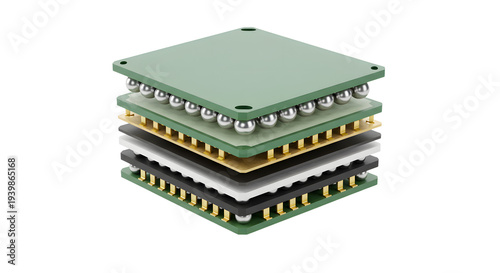 Stacked Electronic Circuit Boards with Metal Spheres and Connectors in Modern Technical Design