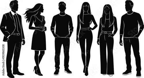 Stylish men and women silhouettes standing together in modern casual and business fashion outfits, isolated on white background, representing contemporary lifestyle, confidence, diversity, and 