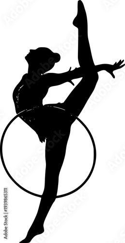 Silhouette of a rhythmic gymnast performing with a hoop, showcasing flexibility and balance