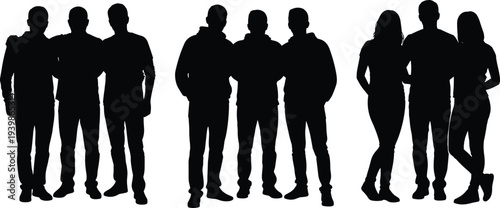Group of people silhouettes standing together in casual poses, isolated on white background, representing teamwork, friendship, unity, social connection, diversity, and modern lifestyle concepts