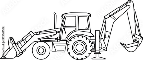 Silhouette of backhoe loader construction vehicle, heavy machinery illustration, front loader and backhoe design, black and white artwork
