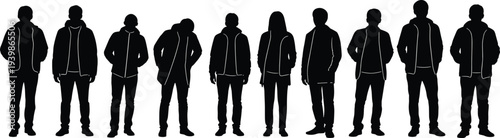 Standing people silhouette collection wearing jackets in different poses, isolated on white background, representing fashion, urban lifestyle, anonymity, crowd, and modern character concepts