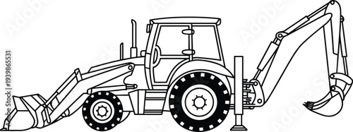 Silhouette of backhoe loader construction vehicle, heavy machinery illustration, front loader and backhoe design, black and white technical artwork