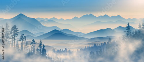 Sunrise in the mountains, misty silhouettes of ridges, fog in the valley, vector illustration