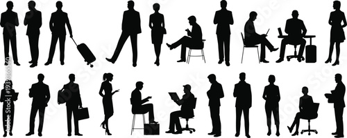 Silhouette of business professionals in corporate poses, workplace illustration, office culture concept, professional attire design, black artwork
