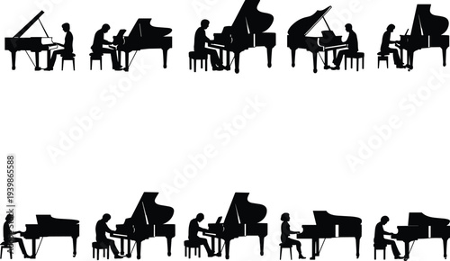 Silhouette of pianists playing grand pianos, musical performance illustration, elegant black design, artistic piano posture sequence, creative music concept