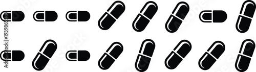 Silhouette of capsule pill icons, pharmaceutical illustration, medical design concept, healthcare symbol artwork, black and white vector