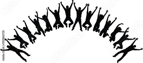 Group of happy people silhouettes jumping in celebration, teamwork and success concept, human figures arranged in arc shape isolated on white background