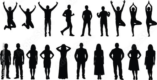 People silhouettes in various standing, jumping, yoga and casual poses, men and women figures collection for lifestyle, activity, wellness and human behavior concepts